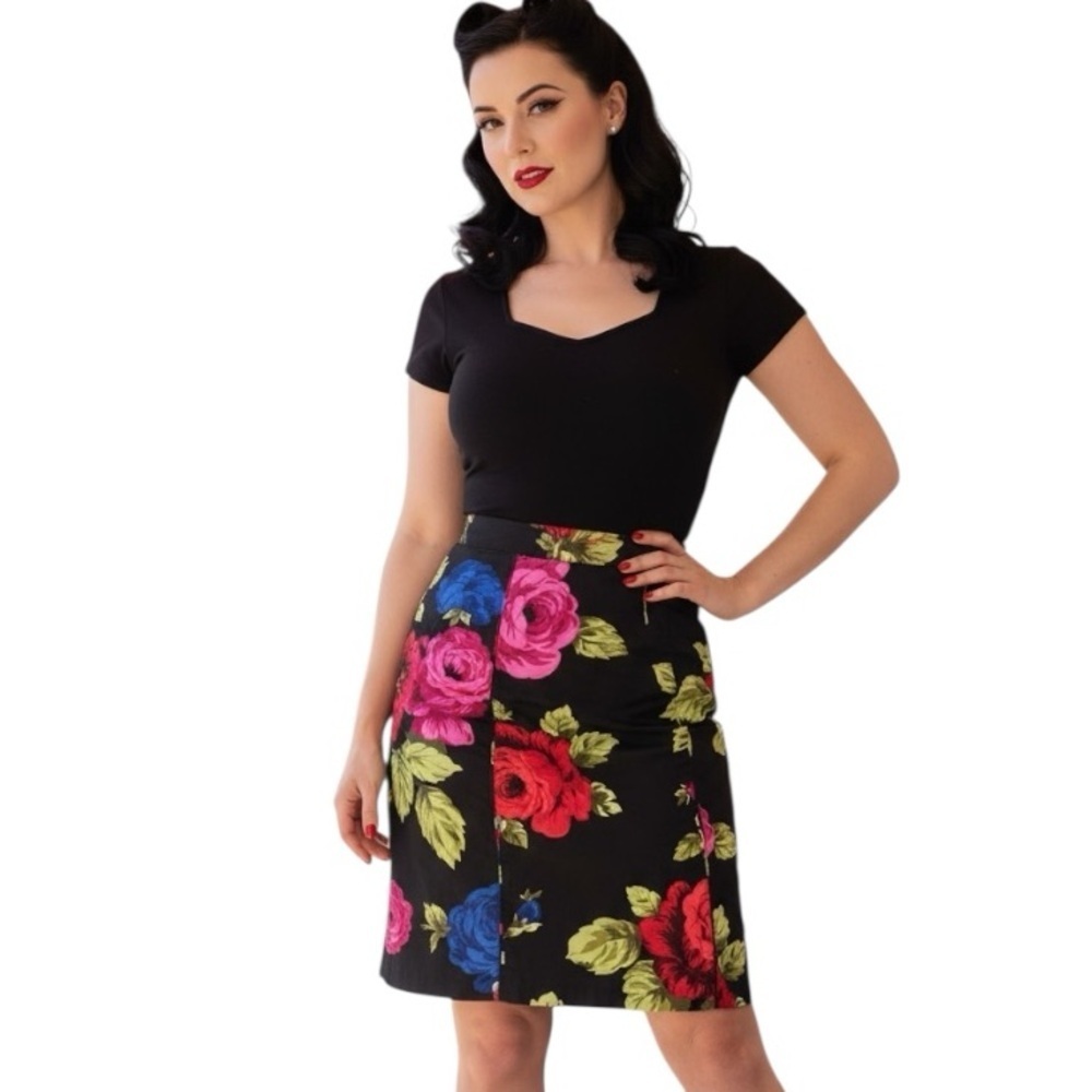 City Silk 6 Black Knee Length Pencil Skirt Bold Colorful Floral Print Office